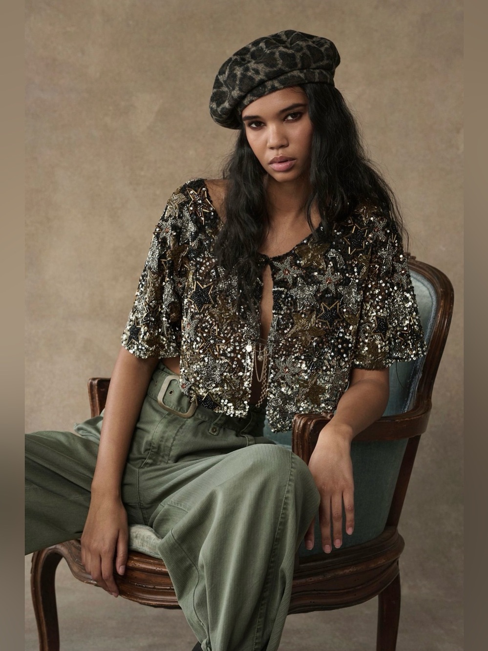 Free People Star of the Show Cape OS Sequin Beaded Celestial Party Statement Top